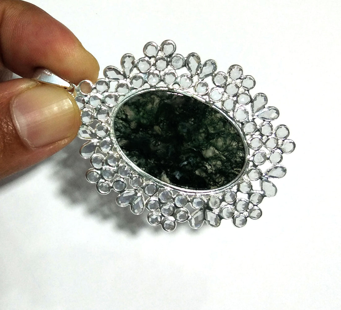 Natural Moss Agate, White Zircon Stone Pendant, Solid 925 Starling Silver Pendant, Stone Size 34x22mm Gift For Girls & Women Pendant Jewelry