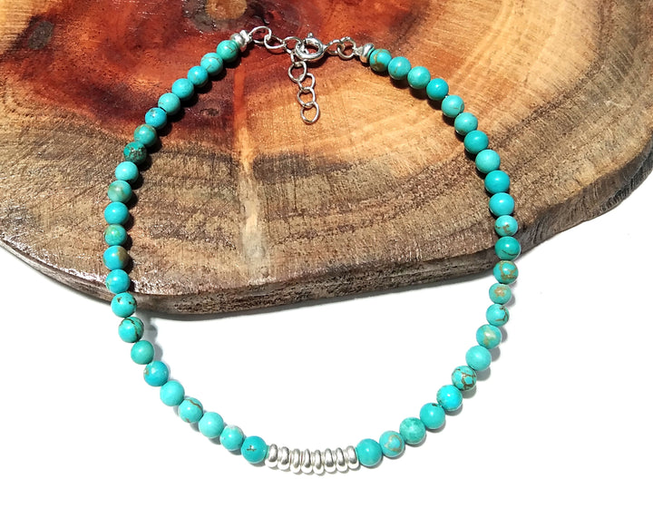 Natural Turquoise Gemstone Bracelet, Solid 925 Silver Wristlet Beaded Bracelet, Healing Crystal Beaded Bracelet, Men & Women Round Bracelet