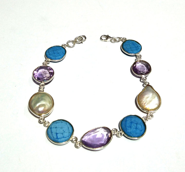 Amethyst/Water Baroque Pearl/Turquoise Stone Bracelet, 925 Sterling Silver Bracelet 8 inche Stone Size 12x12mm Valentine day Bracelet