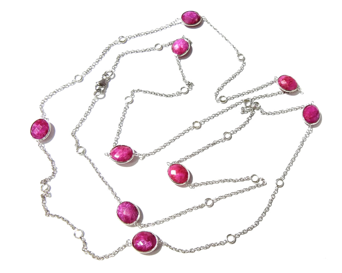 Ruby Necklace in 925 Sterling Silver With Zircon Polky Necklace, Handmade Bezel Necklace 40" Inches Length.