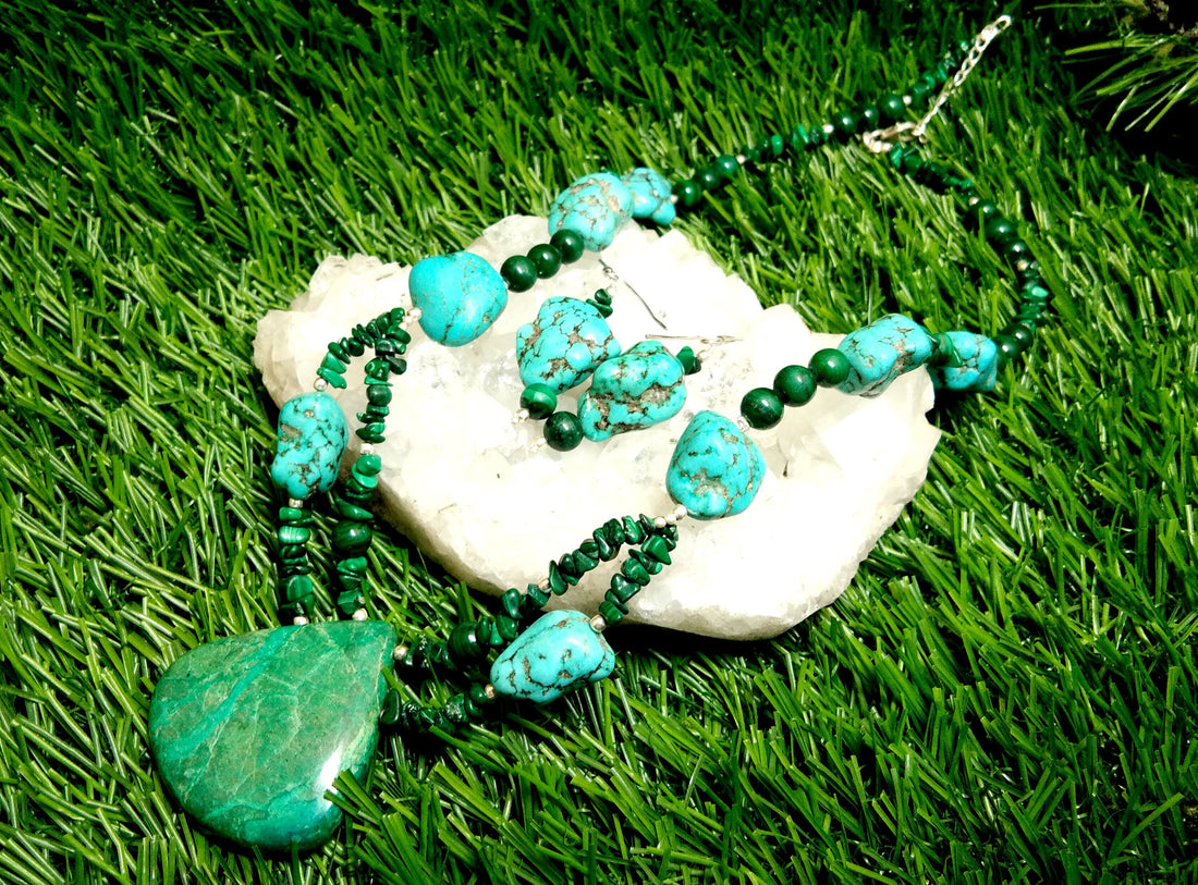 100% Natural Turquoise/Chrysocolla/Malachite Gemstone Necklace, Turquoise 925 Starling Silver Jewelry Stone Size 38x36mm to 15x12mm Necklace