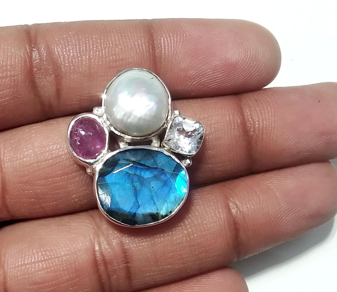All Natural Gemstone Rings, Freshwater Pearl, Labradorite, Ruby & White Topaz Ring, 925 Starling Silver Ring, Handmade Silver Ring Jewelry