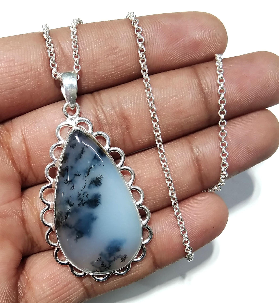 Amazing Design Dendrite Opal Gemstone Pendant, 925 Sterling Silver Pendant, Natural Dendrite Stone Pendant Chain Necklace ,For Girls & Women
