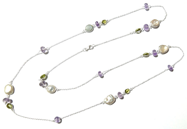 Beaded Log Necklace ! 925 Starling Silver With Natural Gemstone Peridot, Amethyst & Fresh Water Pearl Necklace, Beautiful Necklace For Women