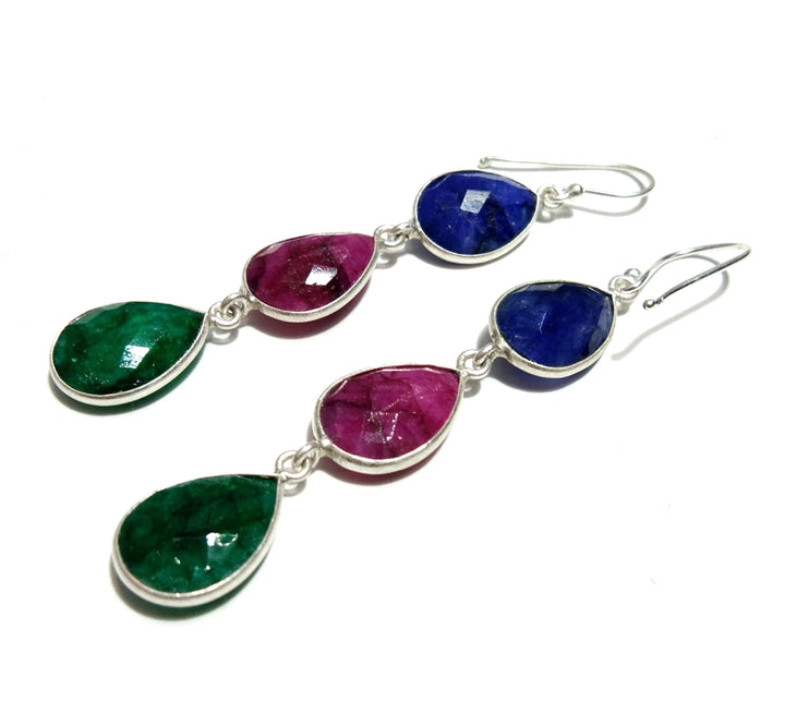 Natural Emerald, Red Ruby, Blue Sapphire Stone Drop Earring, 925 Solid Starling Silver Earring Gemstone, Gift Wedding Earring Jewelry