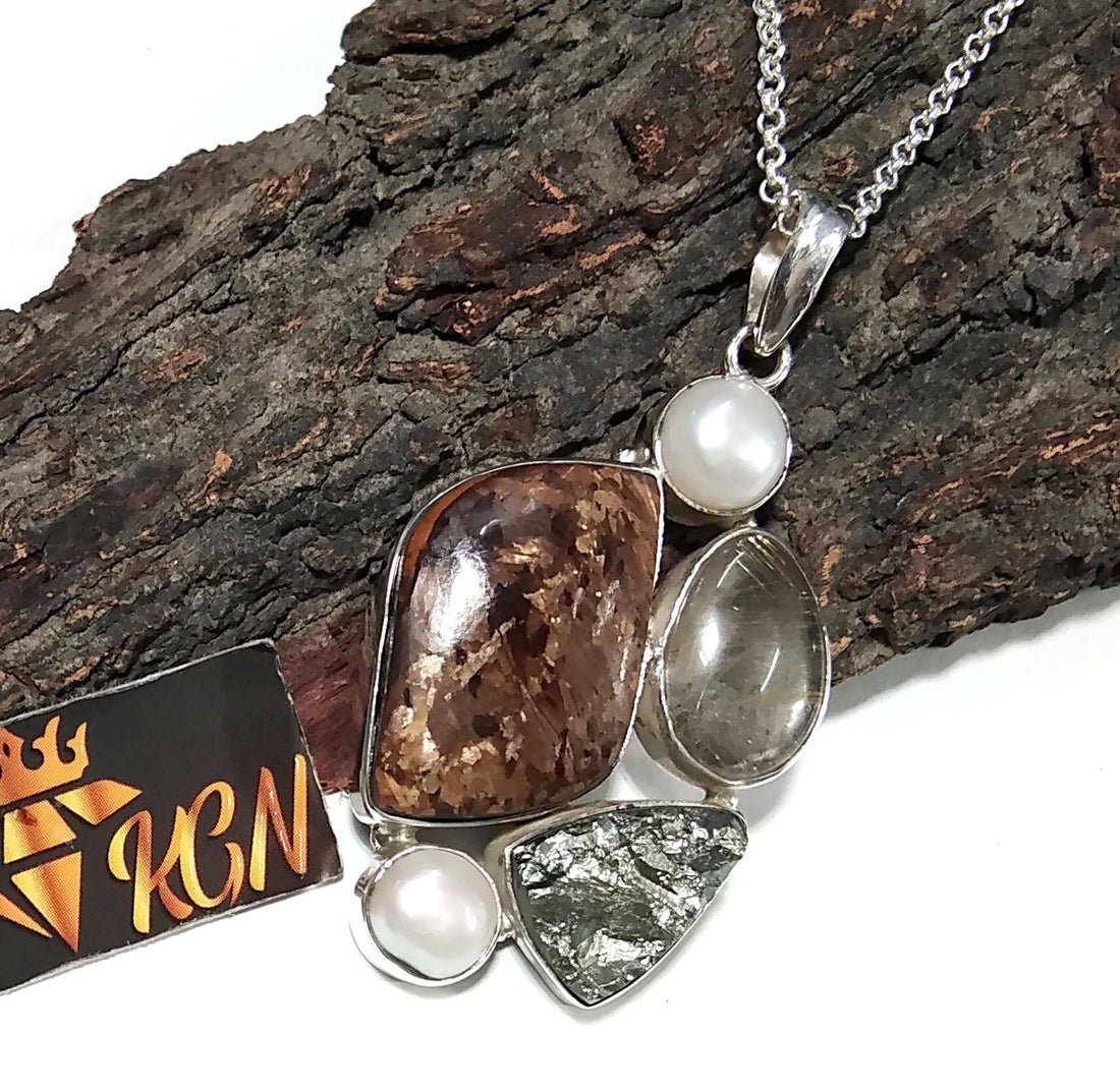 ALL Natural Gemstone Pendant, Bronzite With Real Multi Stone Pendant, 925 Starling Silver Jewelry Pendant, Handmade Making Stylish Pendant