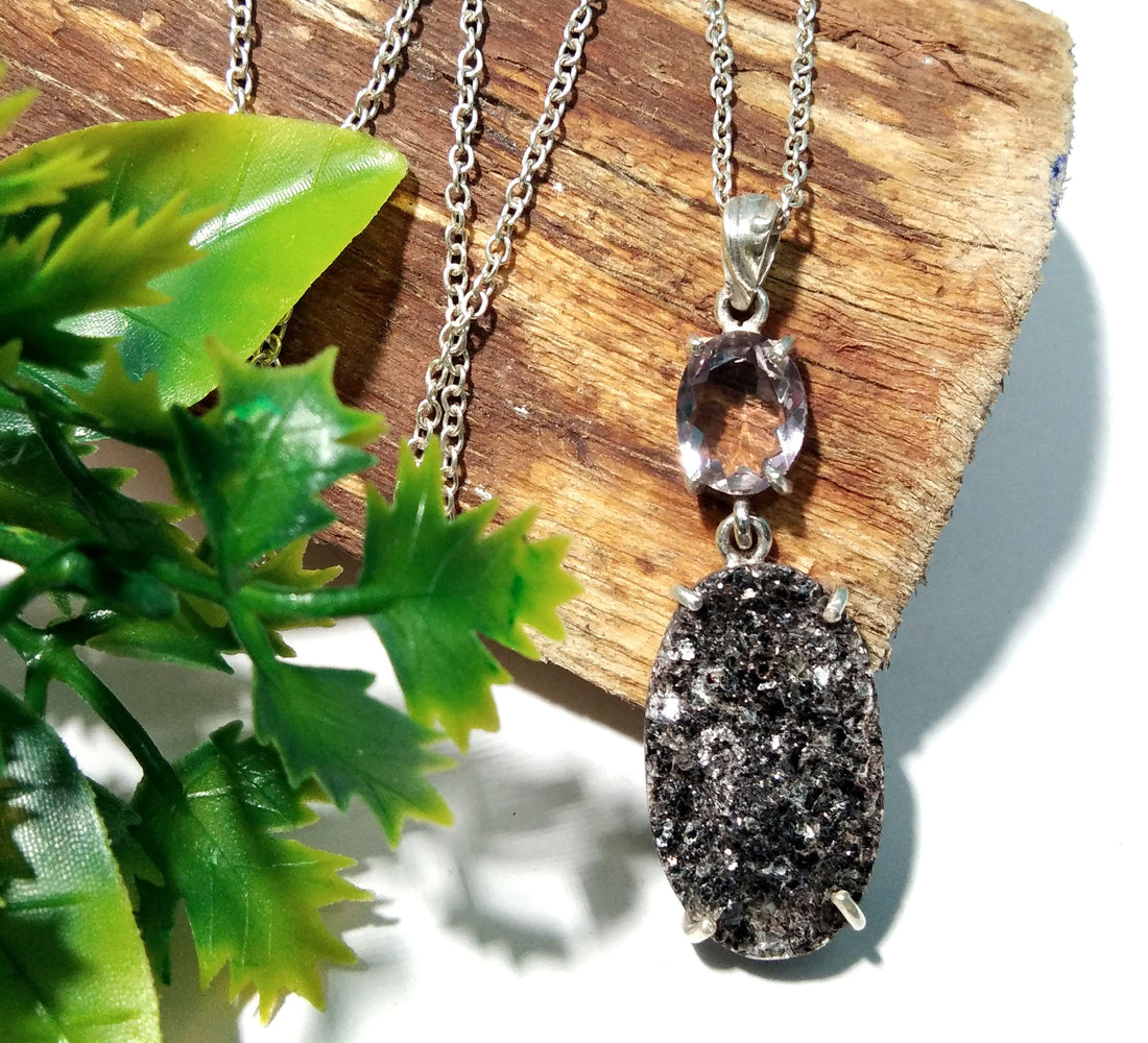 Natural Black Silver Mica Druzy/Faceted Amethyst Gemstone Chain Pendant Necklace, 925 Starling Silver Pendant Handmade Jewelry Birthday Gift