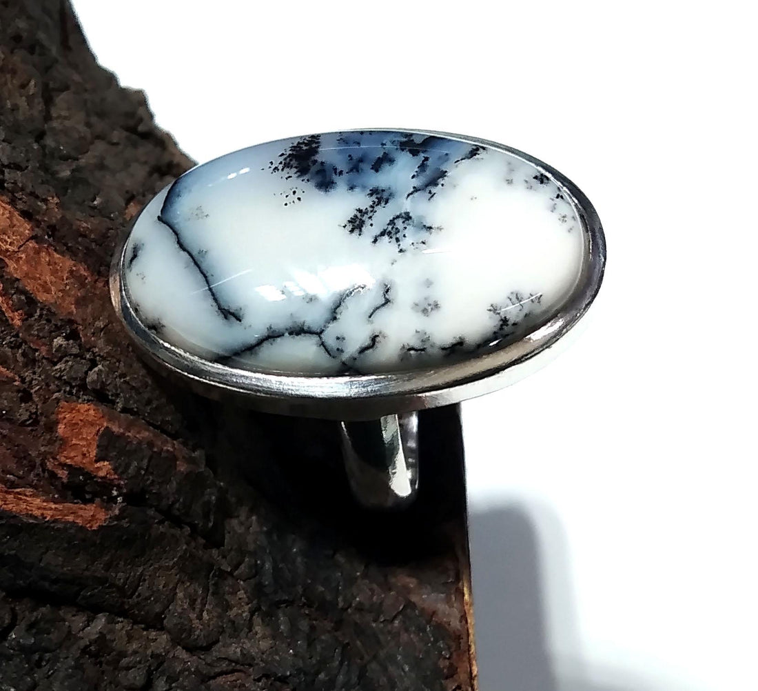 Natural Dendrite Opal Gemstone Ring, 925 Solid Starling Silver Ring, Oval Shape Stone Size 30x18 mm Handmade For Gift Birthday Ring Jewelry