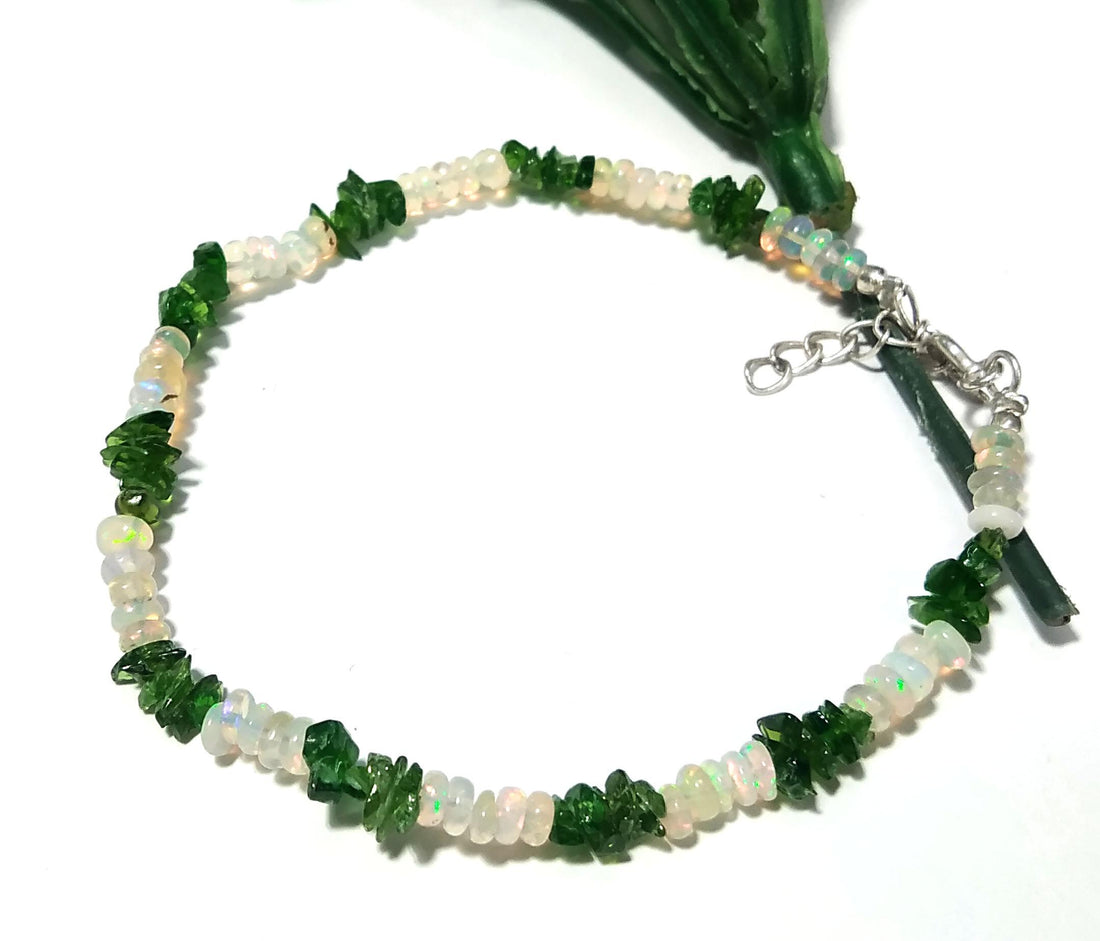 Natural Ethiopian Opal & Green Garnet Bracelet, Flashy Opal Gemstone Bracelet, December Birthstone Gift, Handmade Opal Jewelry, Gift For Her