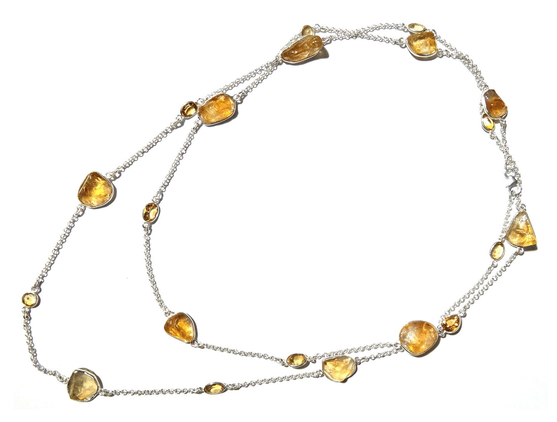 Beautiful Log Chain Necklace Natural Citrine Faceted & Rough Stone Bezel Necklace Chain 925 Starling Silver Chain Necklace Length 36 inche