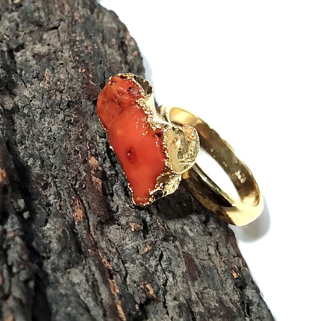Natural Red Coral Rough Stone Ring, Solid 925 Sterling Silver Gold Plated Ring, Red Coral Stone Size 15x8 mm Handmade Gift Statement Ring