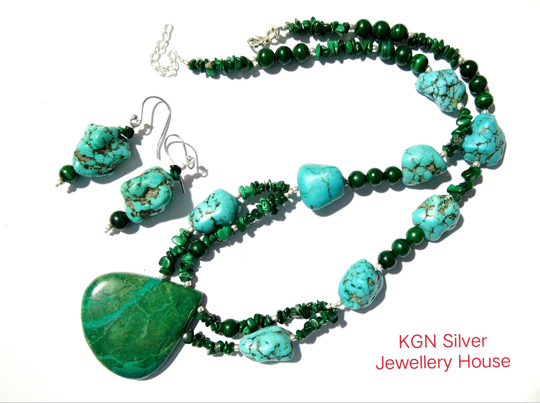 100% Natural Turquoise/Chrysocolla/Malachite Gemstone Necklace, Turquoise 925 Starling Silver Jewelry Stone Size 38x36mm to 15x12mm Necklace