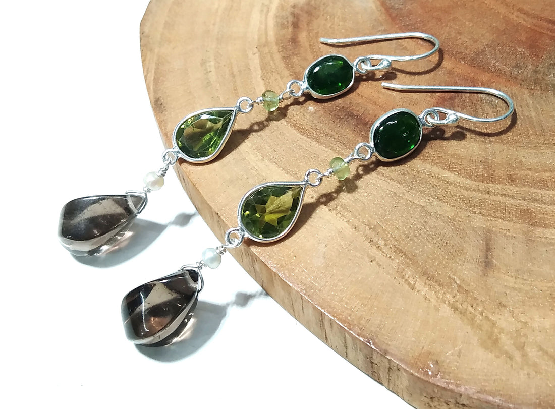 Natural Green Tourmaline/Peridot And Smoky Quartz Stone Earring, 925 Starling Silver Earring Handmade Making Jewelry Earring, Gift For Women