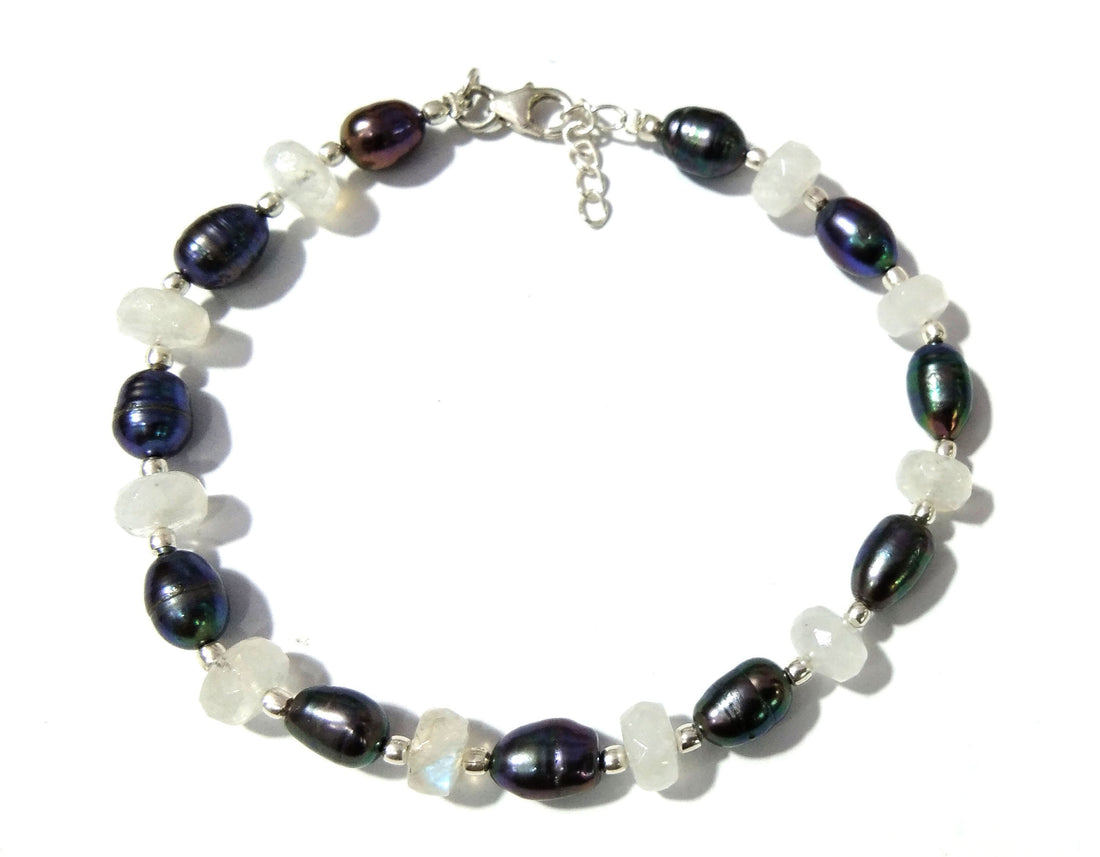 Rainbow Moonstone & Grey Pearl Adjustable Bracelets, Natural Gemstone With 925 Silver Jewelry, Wedding Bracelet, Bridesmaid Gift For Women