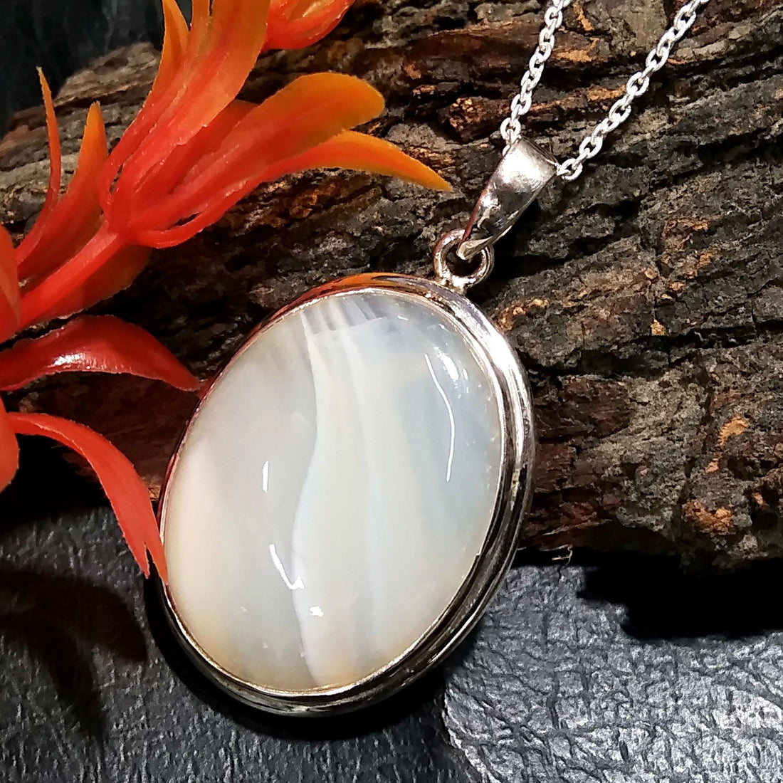 Nature Grey Agate Pendant Chain Necklace, With 925 Starling Silver Jewelry, Grey Agate handmade Pendant, Gift Easter Chain Pendant