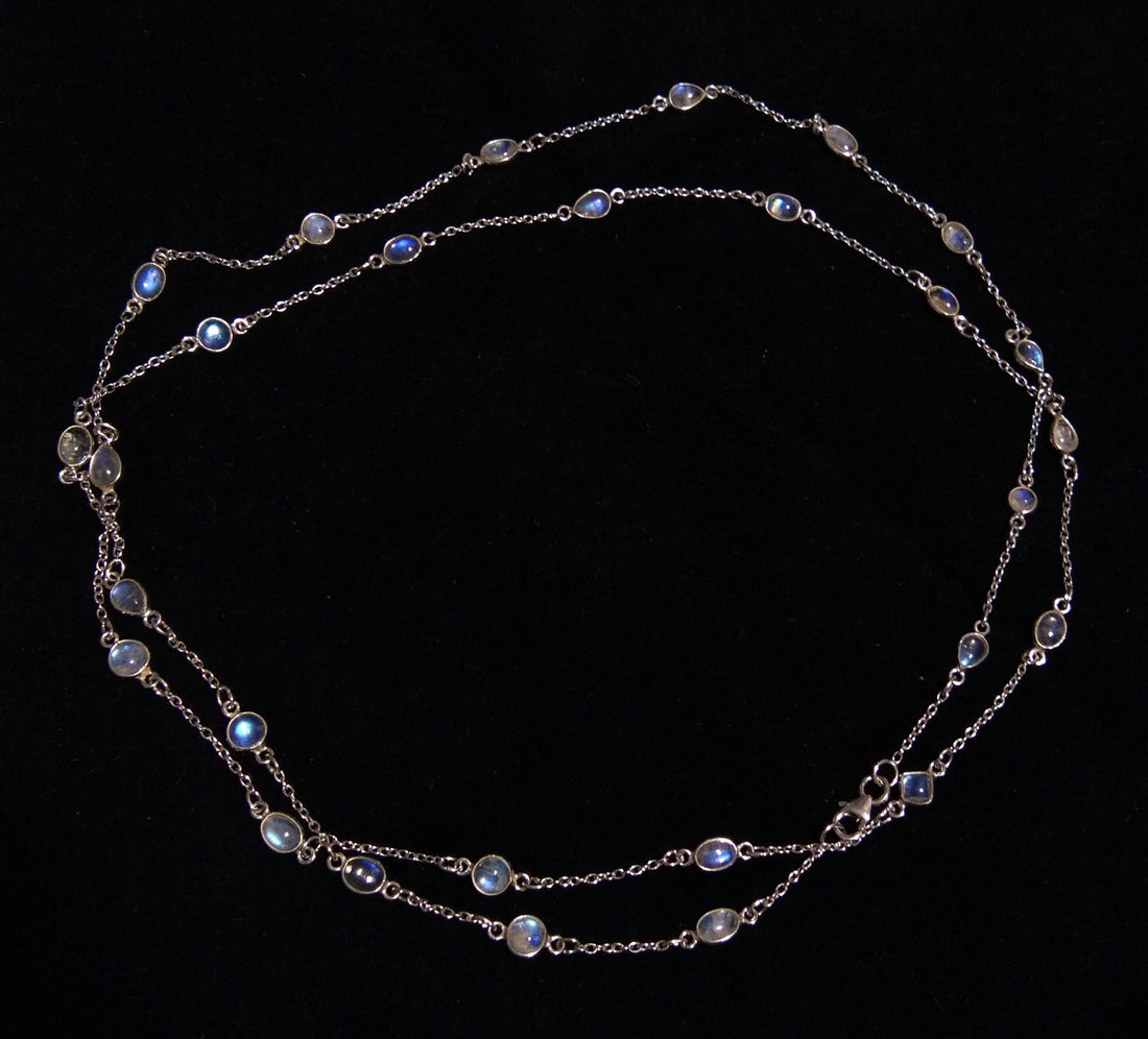 Natural Rainbow Moonstone Blue Fire Stone Chain Necklace, 925 Starling Silver Chain 44''Inches Adjuster Beaded Chain Necklace Jewelry Making