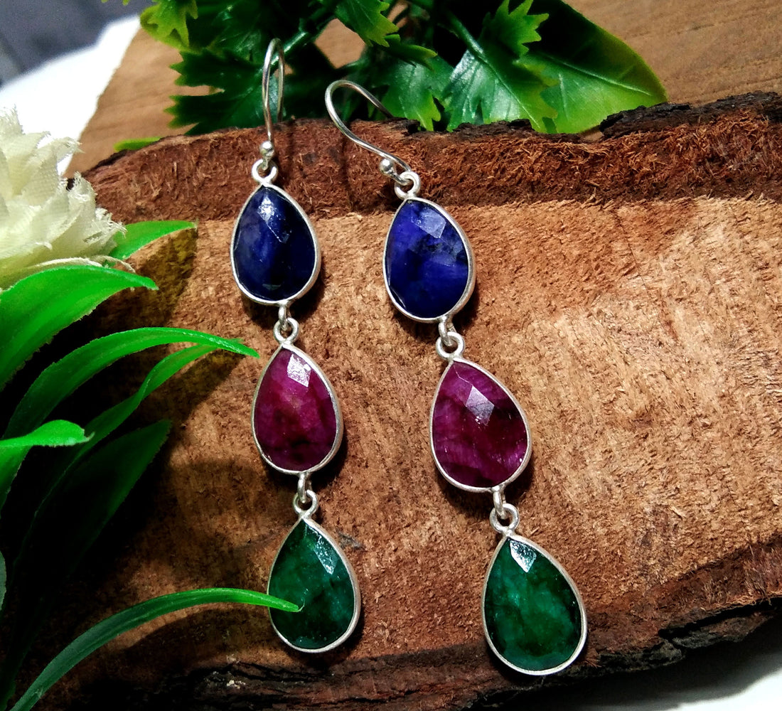 Natural Emerald, Red Ruby, Blue Sapphire Stone Drop Earring, 925 Solid Starling Silver Earring Gemstone, Gift Wedding Earring Jewelry