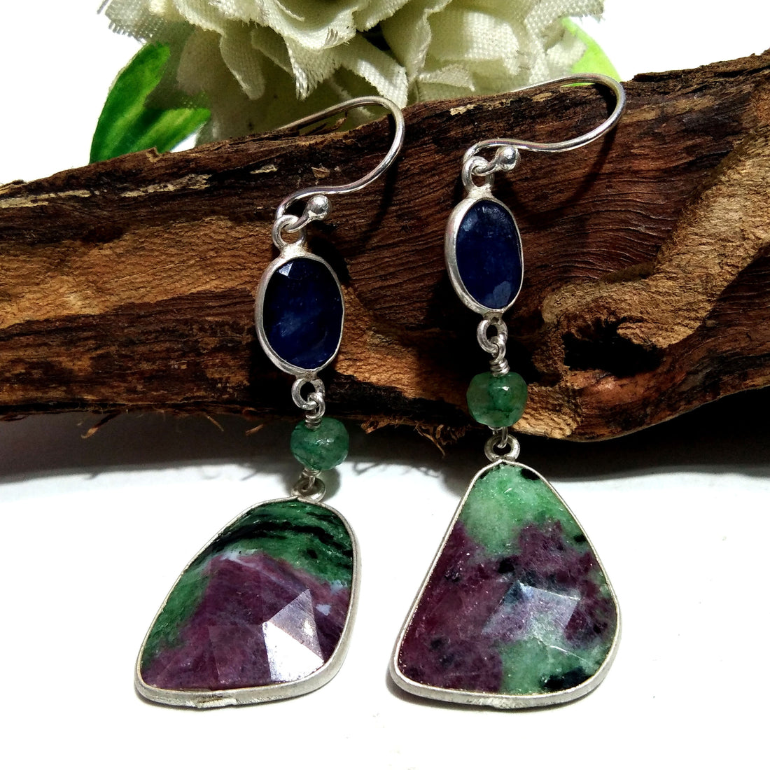 Ruby Zoisite & Blue Sapphire Earring, Amazing Design Bezel Stylish Earring,925 Starling Silver With Natural Gemstone Earring For Girls/Women