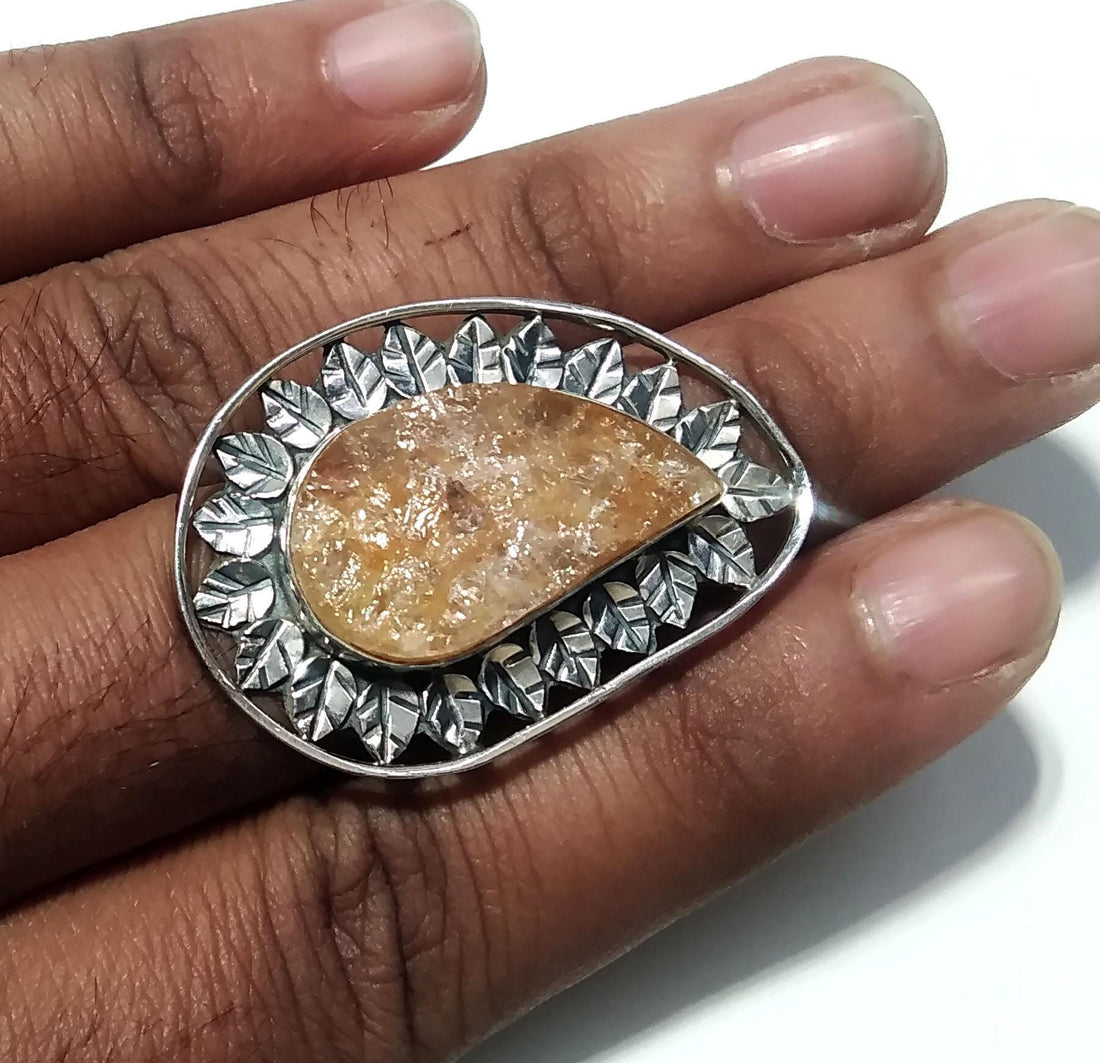 Druzy Rings ! 925 Starling Silver Ring, Natural Gemstone Yellow Aventurine Druzy Ring, Very Beautiful Leaf Stylish Ring, For Girls & Woman