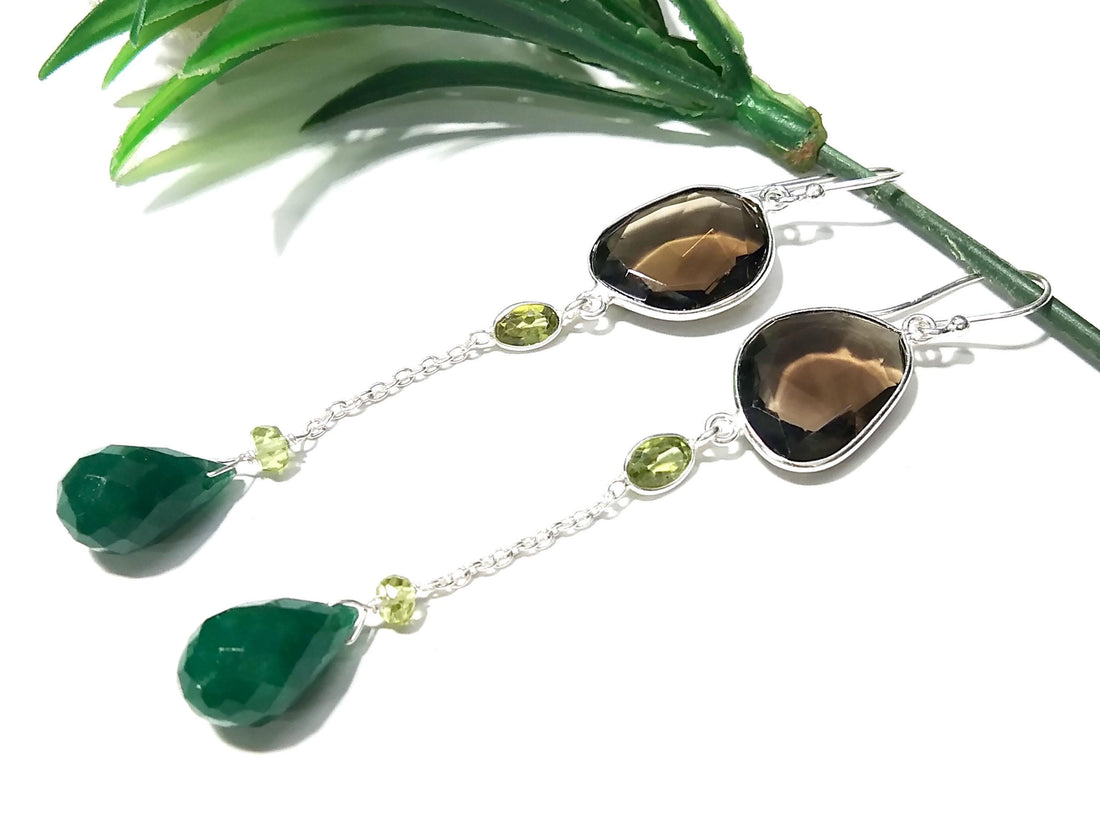 Solid 925 Starling Silver Earrings, Natural Green Jade, Peridot & Smoky Quartz Gemstone Earring, Handmade Earring Jewelry Gift For Women