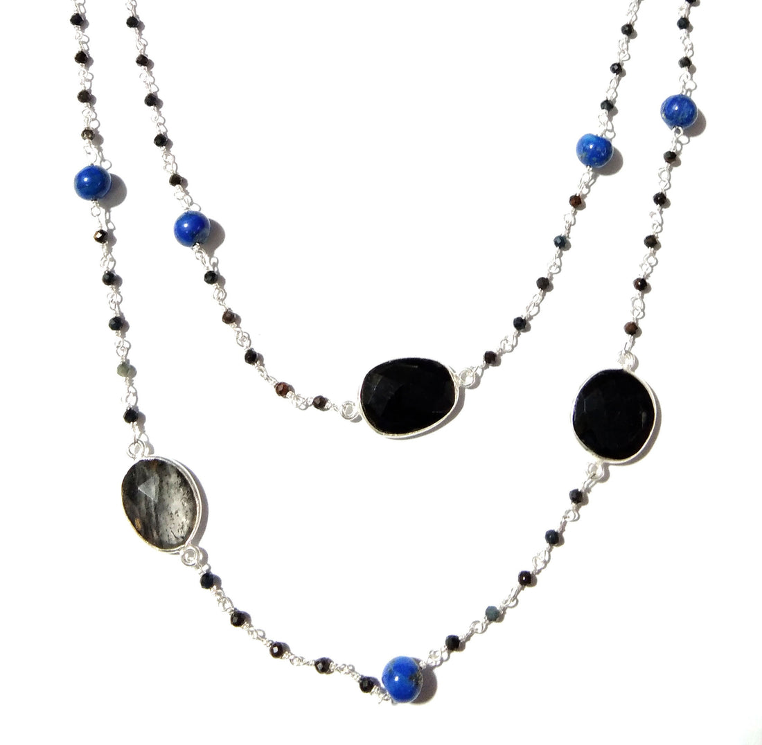 44'' Log Necklace ! Black Rutile Necklace With Lapis Lazuli & Black Onyx, 925 Sterling Silver Jewelry, Handmade Beaded Necklace.