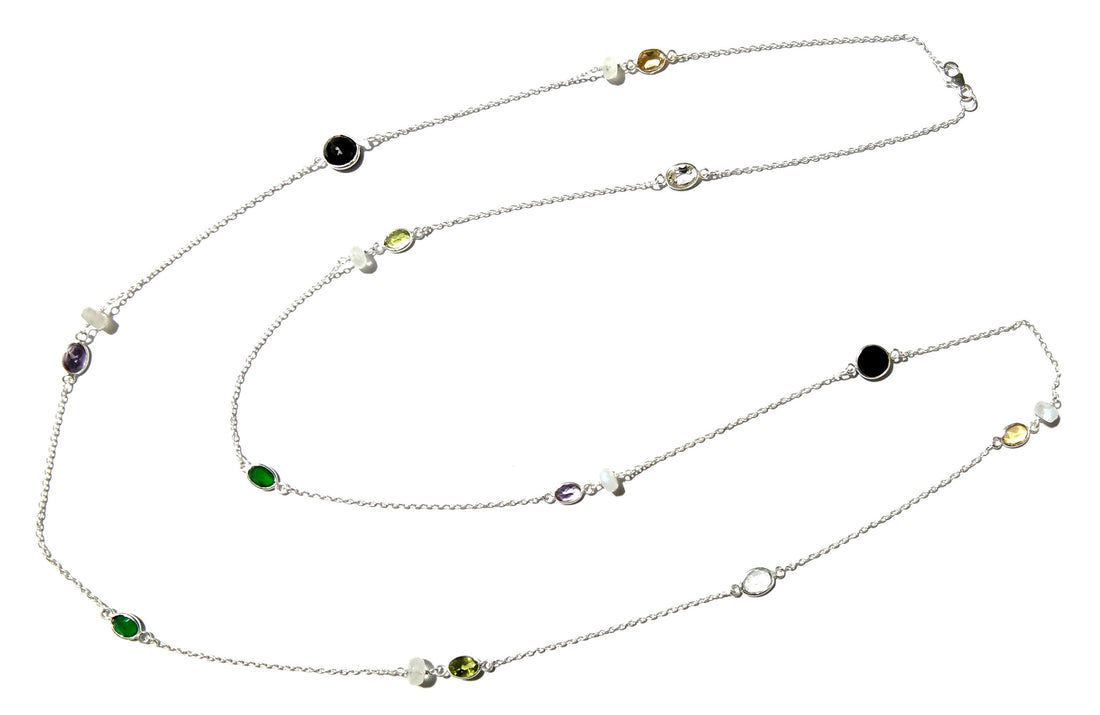Beautiful Nice Multi Stone Beaded Log Necklace ! Natural Gemstone With 925 Starling Silver Necklace For Girls,Women Necklace Length 36 inch.