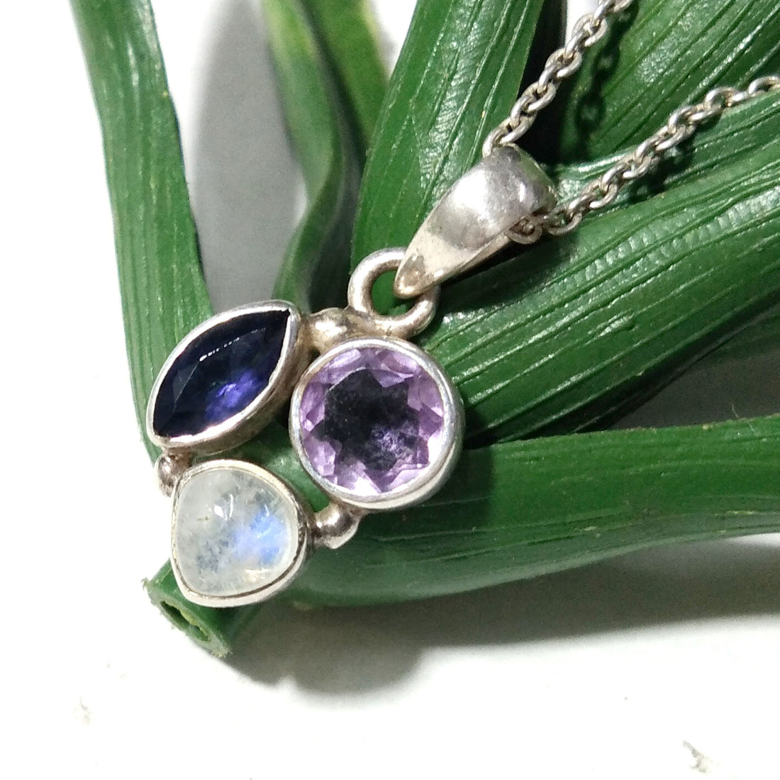 Natural Amethyst, Moonstone, iolite Gemstone Necklace Chain Pendant, 925 Starling Silver Pendant Necklace, Handmade Jewelry Birthday Pendant
