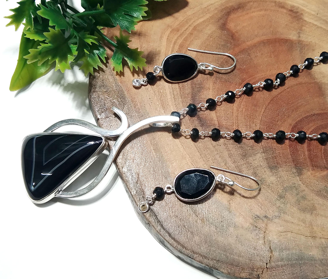 Black Banded Agate Necklace & Earring Set, Solid 925 Sterling Silver Necklace, Beautiful Design Necklace Jewelry Gift Birthstone