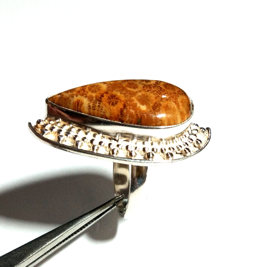 Solid 925 Starling Silver Ring, Natural Fossil Coral Gemstone Ring, Jewelry Pear Shape Stone Size 27x13 mm Handmade Jewelry Ring, Gift