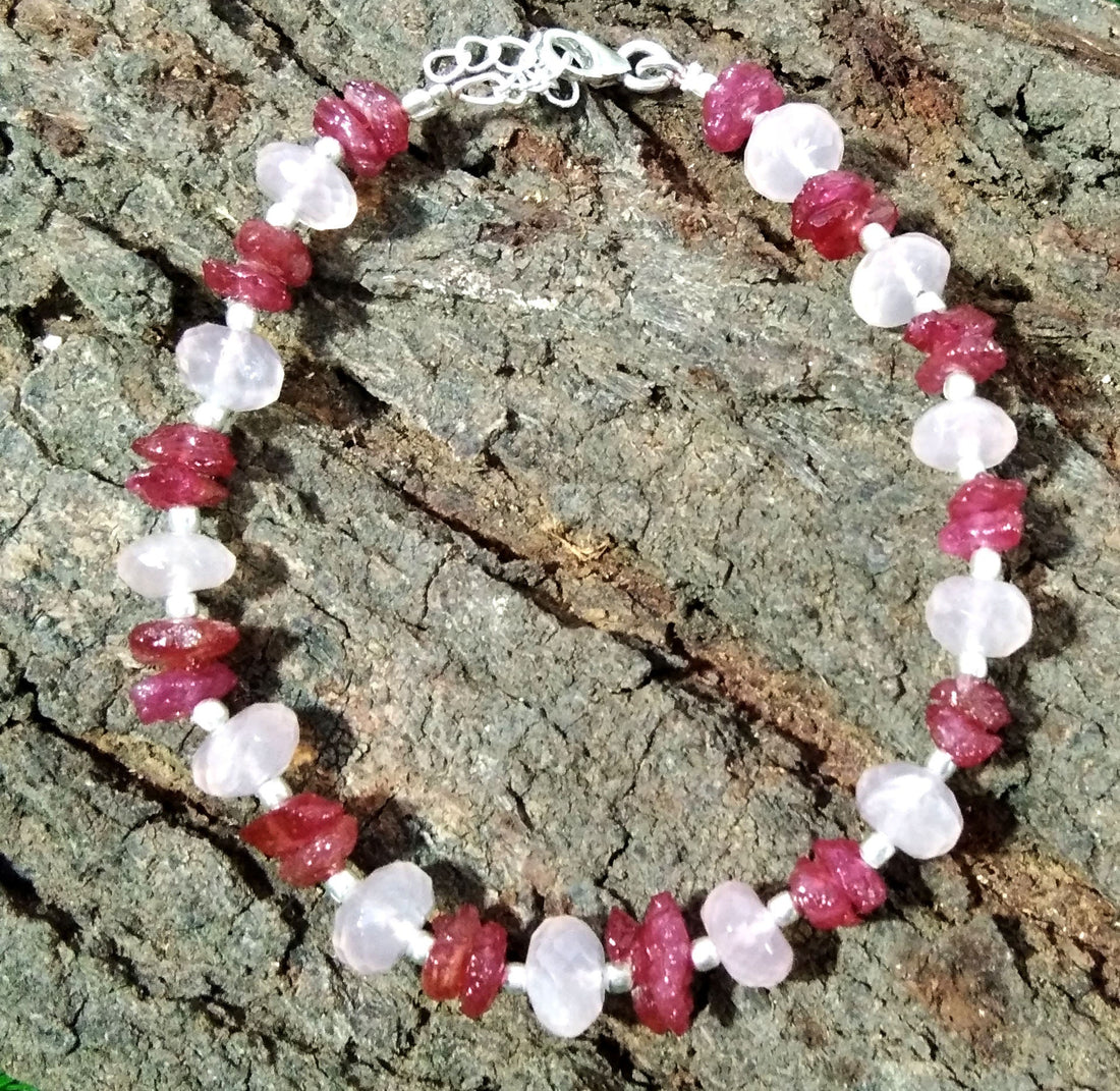Natural Gemstone Ruby & Rose Quartz Bracelet, Healing Crystal Stone Beaded Bracelet, Bridesmaid Gift, Friendship Bracelet 925 Silver Jewelry