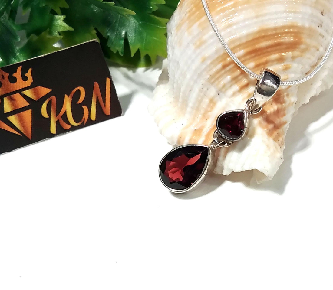 Natural Garnet Faceted Stone Chain Pendant Necklace, 925 Sterling Silver Beautiful Design Nice Color Garnet Gemstone Pendant, Gift For Her