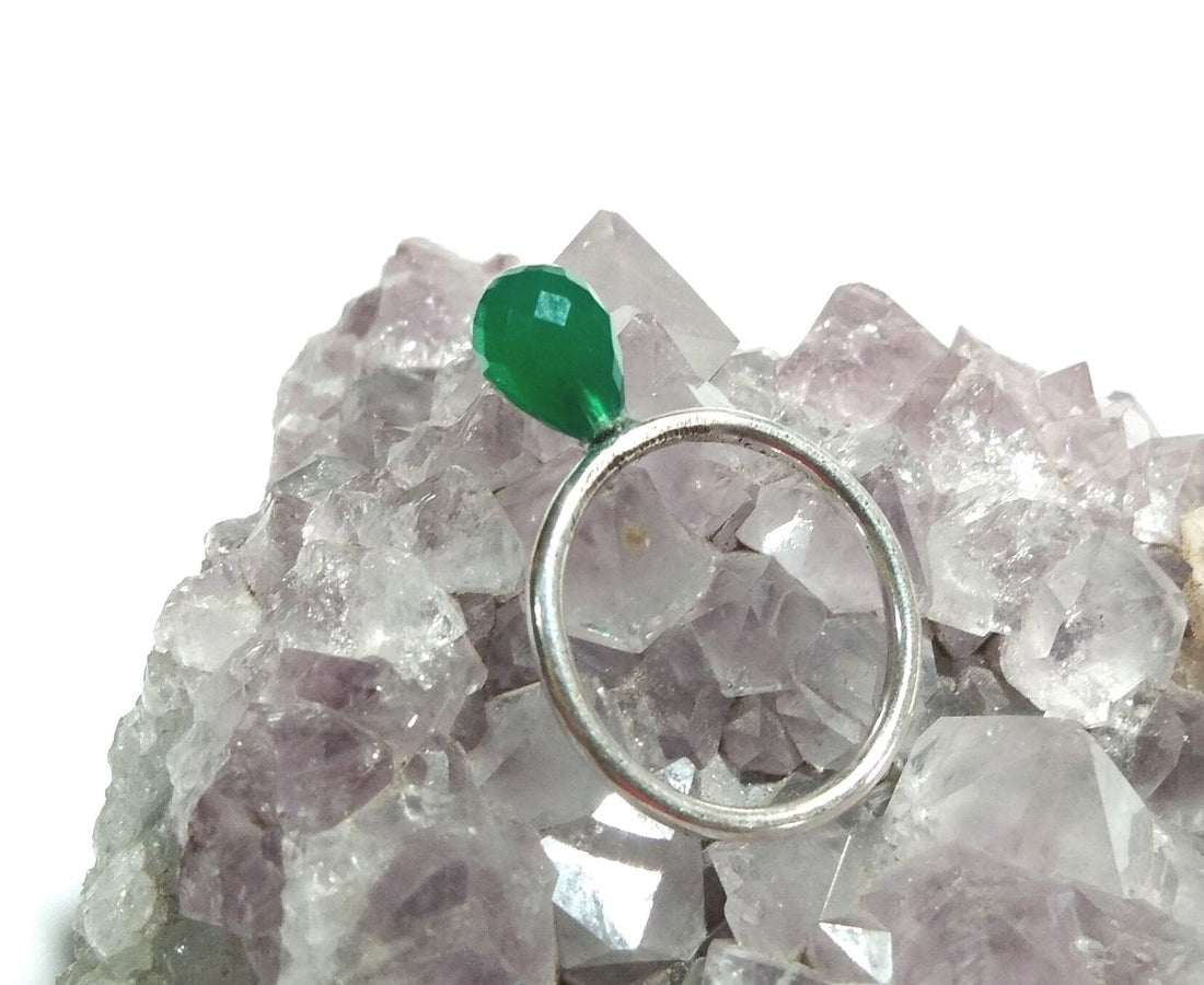 Gemstone Drop Shape Ring, Natural Green Onyx Faceted Ring, 925 Solid Silver Ring Jewelry, Handmade Ring, For Girls & Women.