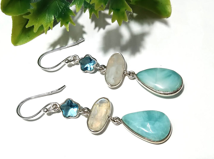 Natural Larimar,Rainbow Moonstone,Blue Topaz Stone Drop Earring, 925 Starling Silver Earring, Larimar Gemstone Wedding Earring, For Woman