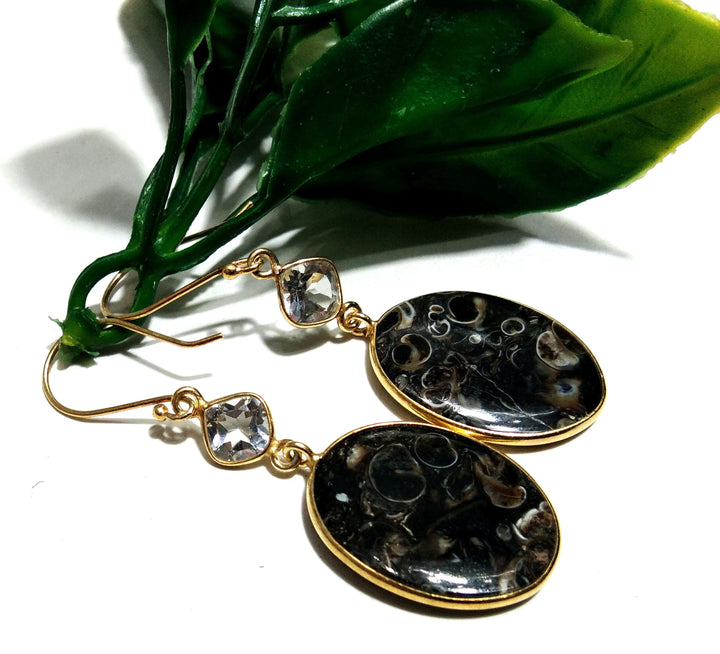 White Topaz & Turtella Jasper Earrings ! 925 Starling Silver With Gold Plated And Natural Gemstone Earrings Topaz Faceted,Turritella Fossil.