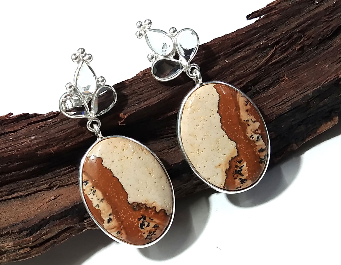 White Zircon & Picture Jasper Earrings, 925 Silver With Natural Gemstone Zircon Faceted And Picture Jasper Earring, For Girls/Women.