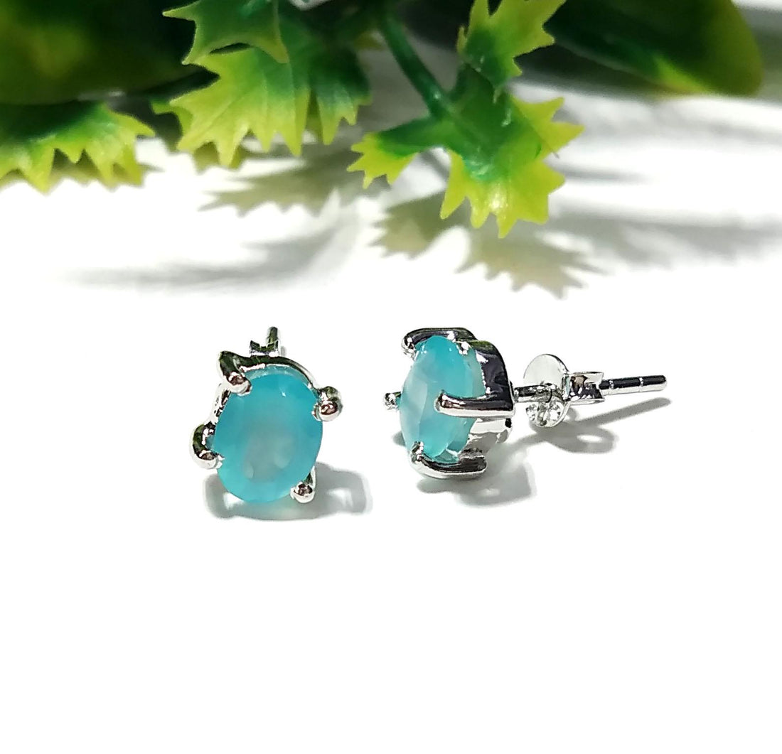 Aqua Chalcedony Stud Earrings, 925 Starling Silver Earring, Natural Aqua Chalcedony Studs Earring, Oval Shape Stone Size 7x5mm Gift For Her