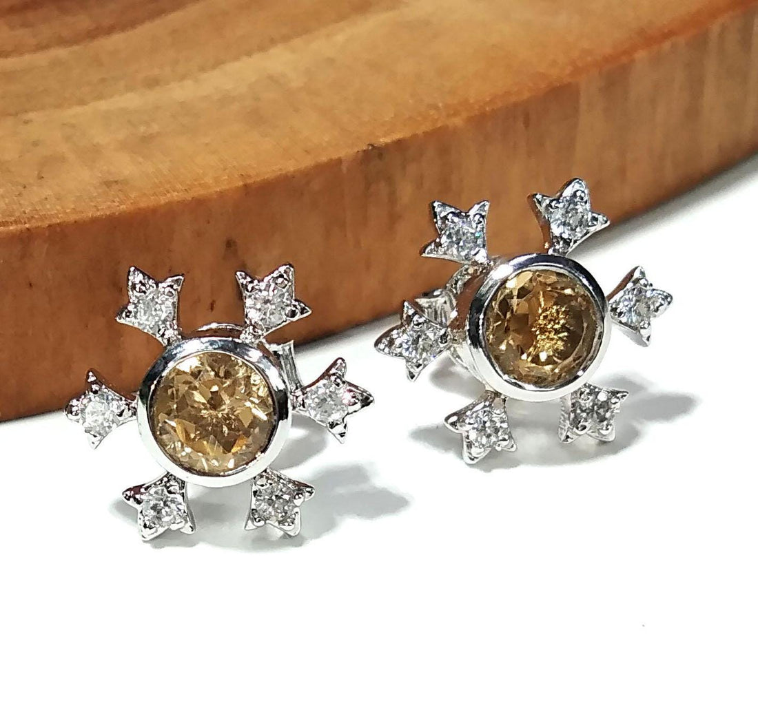 Amazing Design Citrine & White Zircon Stud Earring, 925 Starling Silver Earring, Natural Citrine Gemstone Round Shape Stone Size 5x5mm Studs