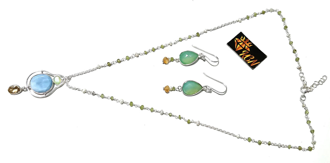 Natural Blue Opal,Chrysoprase,Citrine Gemstone Necklace Earring Jewelry Set, 925 Sterling Silver Necklace Earring Jewelry, Gift For Women.
