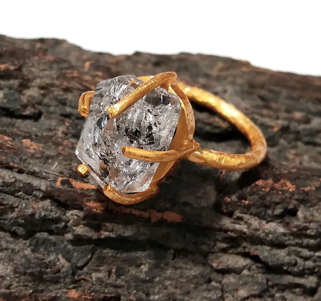 Herkimer Diamond Ring, Raw Herkimer Diamond Ring, 925 Sterling Silver Gold Plated Ring, Nice Design Good Making Gift Ring, For Men & Women.