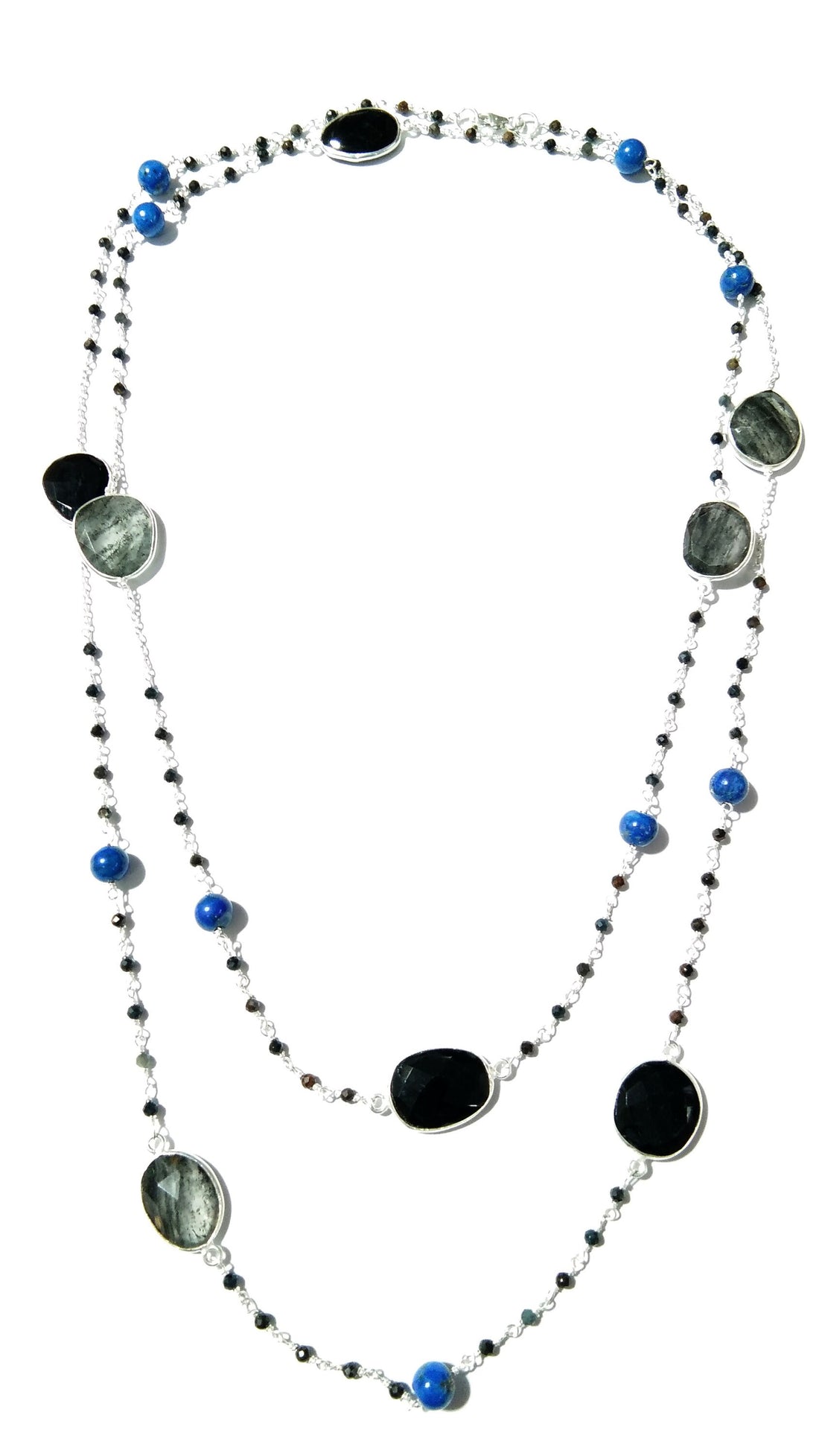 44'' Log Necklace ! Black Rutile Necklace With Lapis Lazuli & Black Onyx, 925 Sterling Silver Jewelry, Handmade Beaded Necklace.
