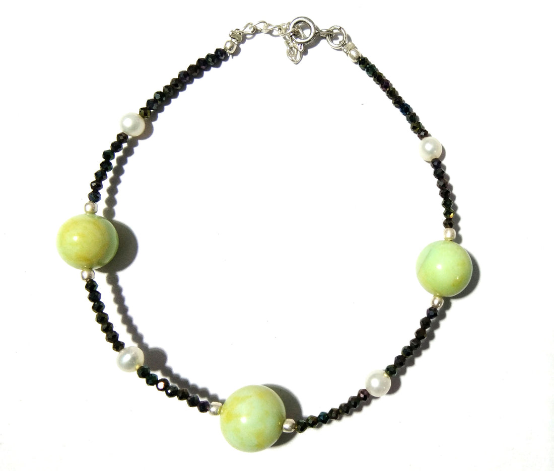 20% Off !!! Green Opal & Black Spinel With 925 Silver Bracelet, May August Birthstone, Healing Stone, Skinny Stacking Gemstone Bracelet Gift