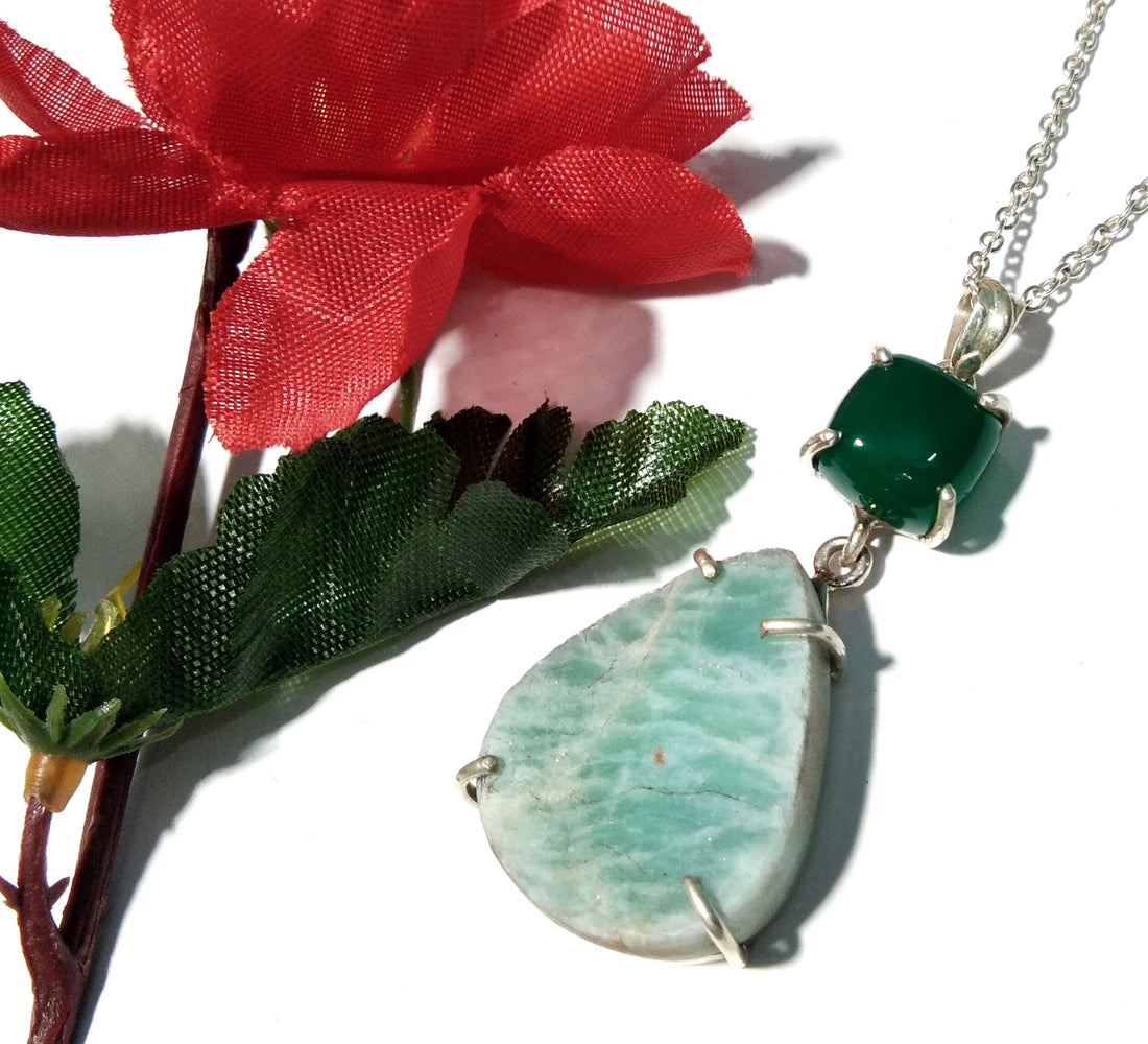 Natural Druzy Amazonite/Green Onyx Gemstone Chain Pendant Necklace, 925 Starling Silver Pendant Handmade Jewelry For Gift Wedding Pendant