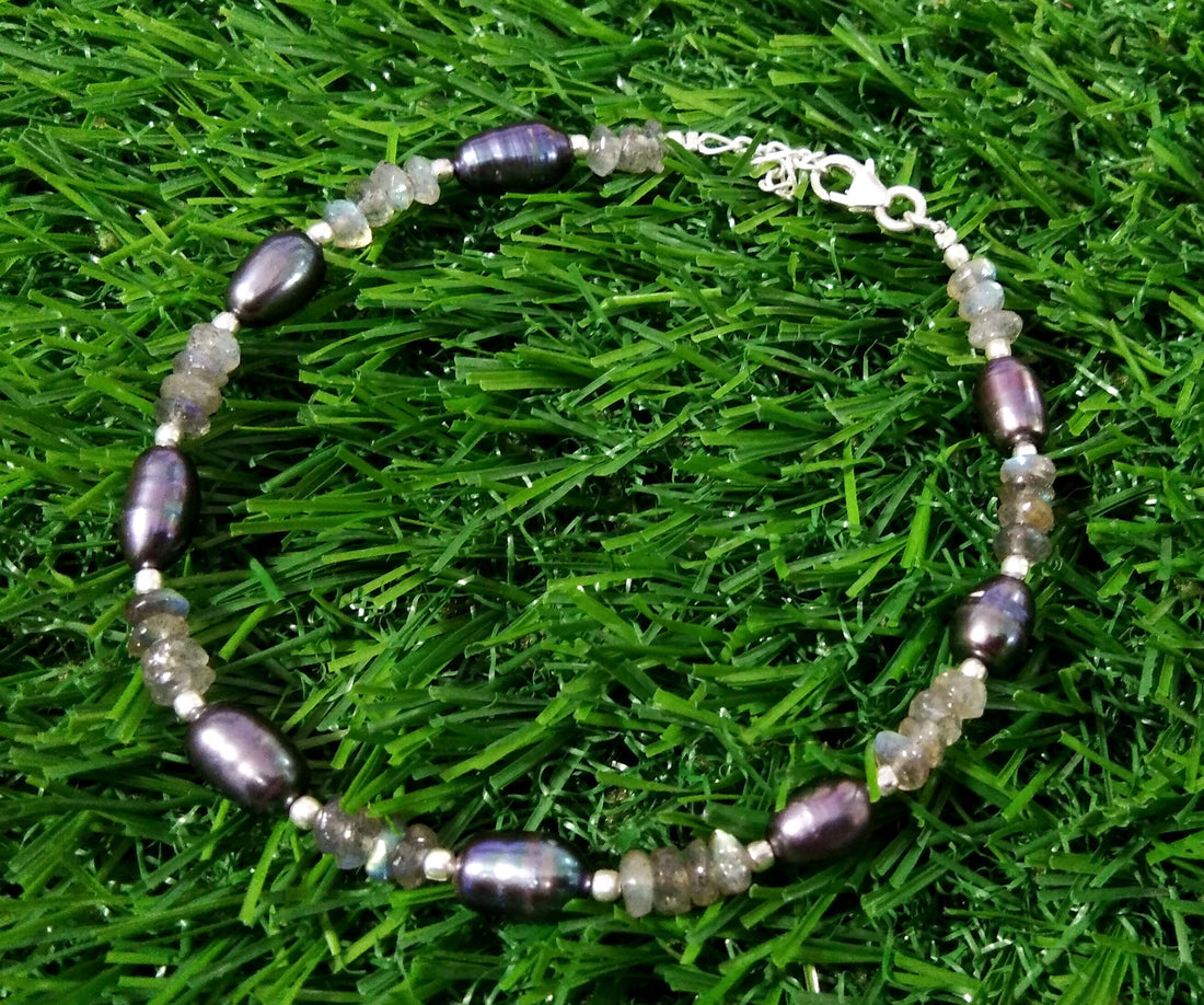 Labradorite & Grey Pearl Adjustable Bracelet, Natural Gemstone With 925 Silver Jewelry, Wedding Bracelet, Friendship Bracelet Gift For Women