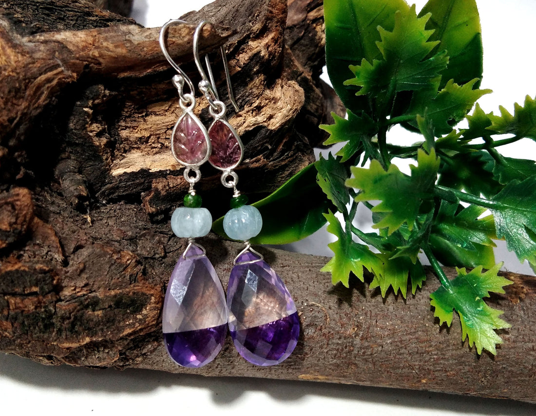 Amazing Natural Doublet Light & Dark Amethyst, Aquamarine, Tourmaline Mix Gemstone Earring, 925 Sterling Silver Jewelry For Girls/Women Gift