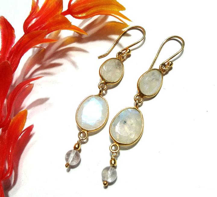 Rainbow Moonstone Earring ! 925 Starling Silver With Gold Plated Earring, Natural Gemstone Earring, Silver Bezel Handmade Earring For Gift.