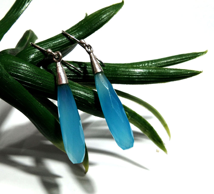 Beautiful Aqua Chalcedony Earring Gemstone, 925 Solid Starling Silver Earring Jewelry Stone Size 25x7 mm Natural Chalcedony For Gift Earring