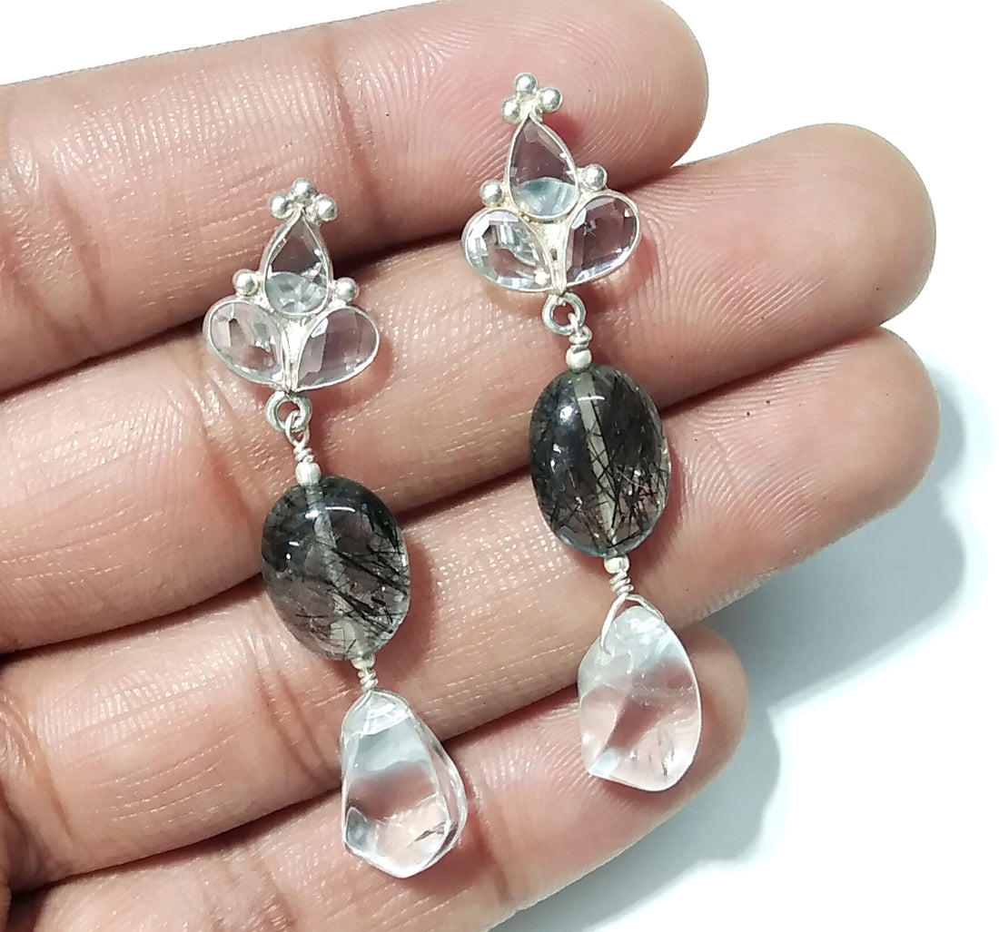 Rutile Quartz/Zircon And Crystal Gemstone Earrings ! 925 Silver With Natural Gemstone Zircon Faceted & Rutile Quartz Earring