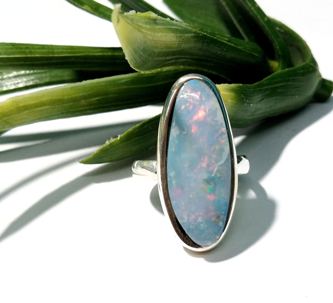 Australian Opal Doublet Multi Fire Ring, Solid 925 Starling Silver Ring, Jewelry Fancy Shape Stone Size 24x9 mm Opal Ring, Cabochon Rings