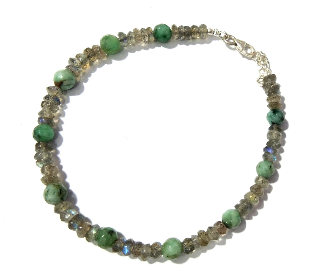 Natural Labradorite & Emerald Gemstone Bracelets With 925 Sterling Silver, Gemstone Beaded Adjustable Bracelets Gift for Girls/Women