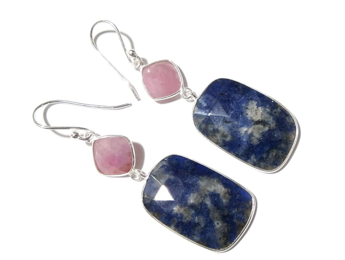 Beautiful Earring, Pink Sapphire, Blue Jade Natural Gemstone Faceted Earring, 925 Starling Silver Earring, Handmade Bezel Earring For Women.